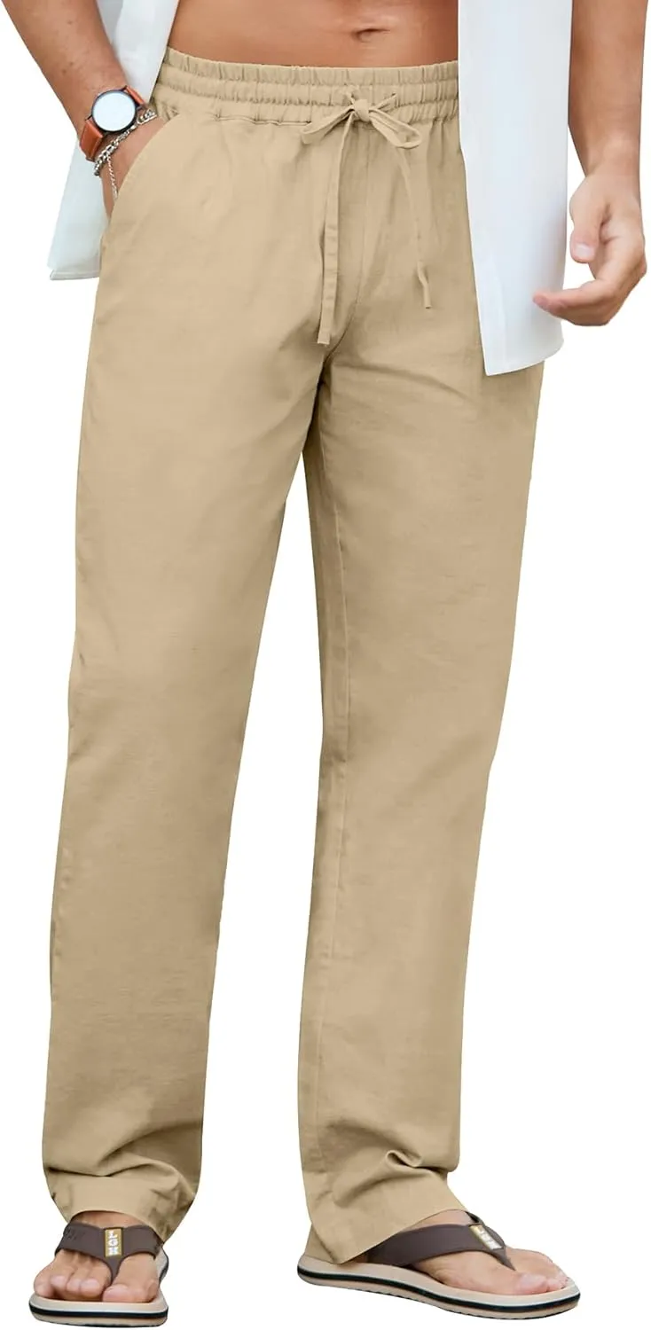 NITAGUT Mens Linen Pants Casual Elastic Waist Drawstring Lightweight Summer Beach Trousers with Pockets