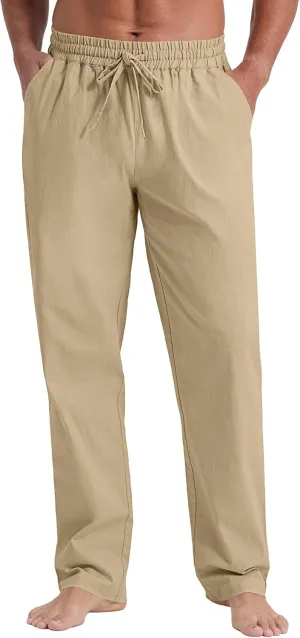 NITAGUT Mens Linen Pants Casual Elastic Waist Drawstring Lightweight Summer Beach Trousers with Pockets
