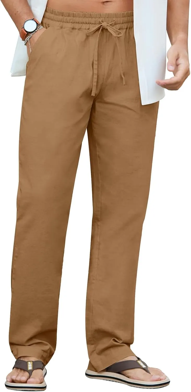 NITAGUT Mens Linen Pants Casual Elastic Waist Drawstring Lightweight Summer Beach Trousers with Pockets