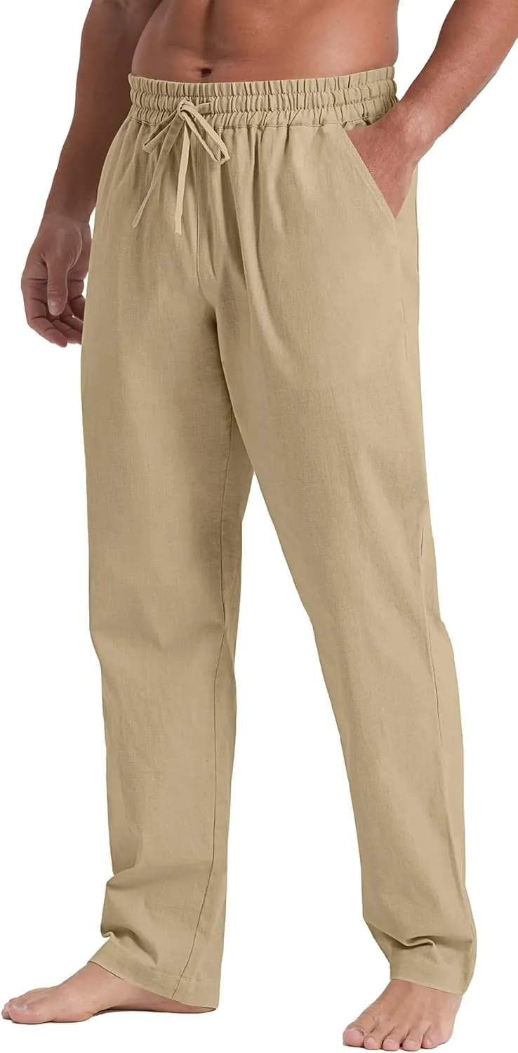 NITAGUT Mens Linen Pants Casual Elastic Waist Drawstring Lightweight Summer Beach Trousers with Pockets