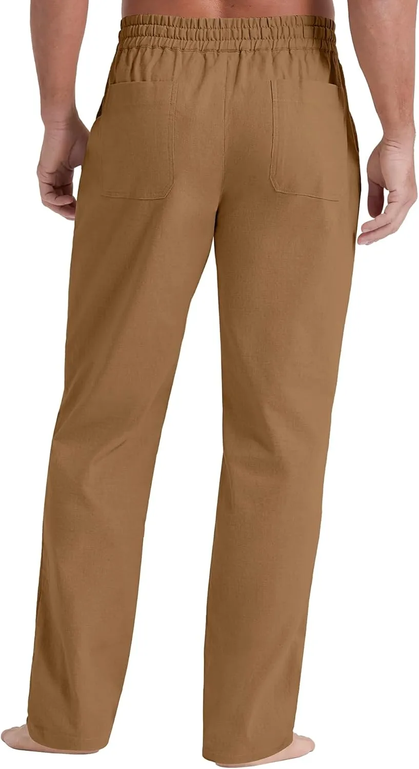 NITAGUT Mens Linen Pants Casual Elastic Waist Drawstring Lightweight Summer Beach Trousers with Pockets