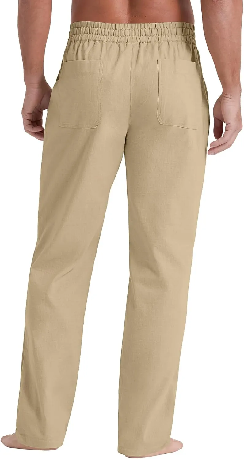 NITAGUT Mens Linen Pants Casual Elastic Waist Drawstring Lightweight Summer Beach Trousers with Pockets