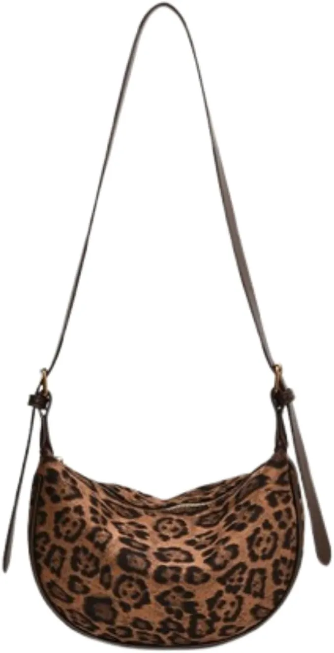 OCUH Leopard Print Handbag Suede Shoulder Bag for Women Vintage Hobo Bags Y2K Adjustable Crescent Bag