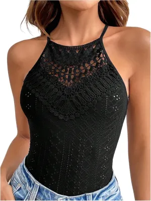 OYOANGLE Women's Boho Eyelet Embroidery Lace Camisole Top Tie Back Sleeveless Cami Tops