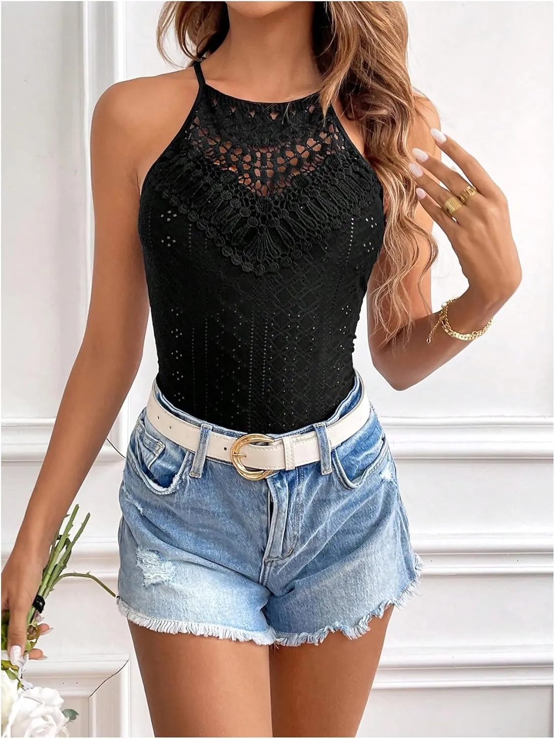 OYOANGLE Women's Boho Eyelet Embroidery Lace Camisole Top Tie Back Sleeveless Cami Tops