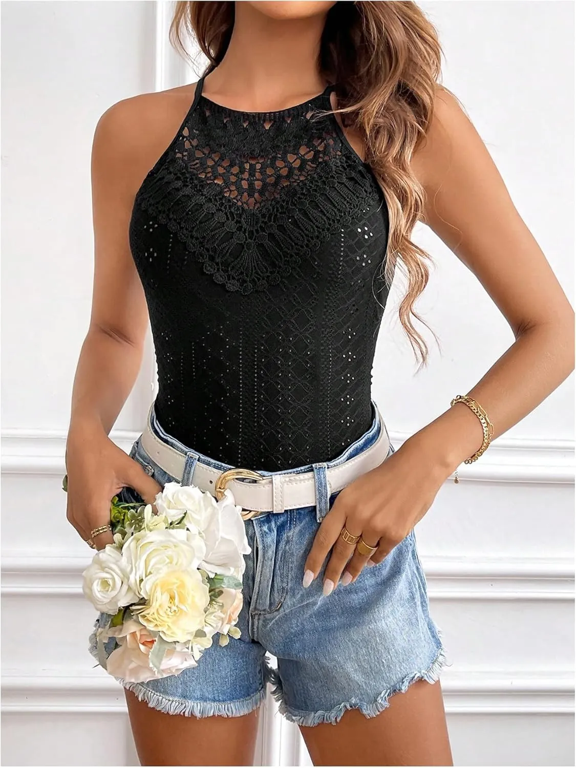 OYOANGLE Women's Boho Eyelet Embroidery Lace Camisole Top Tie Back Sleeveless Cami Tops
