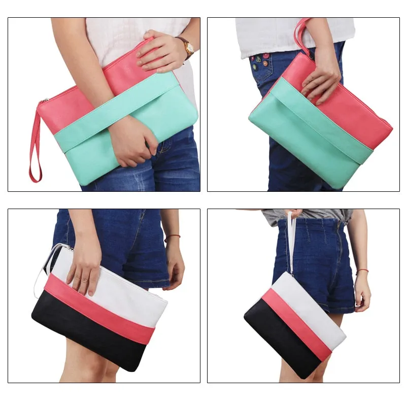 Patchwork Candy Color Leather Wristlet Bag