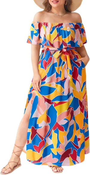 Plus Size Off The Shoulder Maxi Long Casual Beach Dress Pockets Women