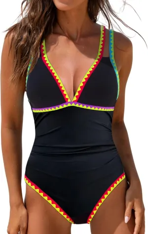 popvil One Piece Swimsuit Women 2025 Neon Color Block Contrast Cross Strap Bathing Suit Modest Cute Swim Suits