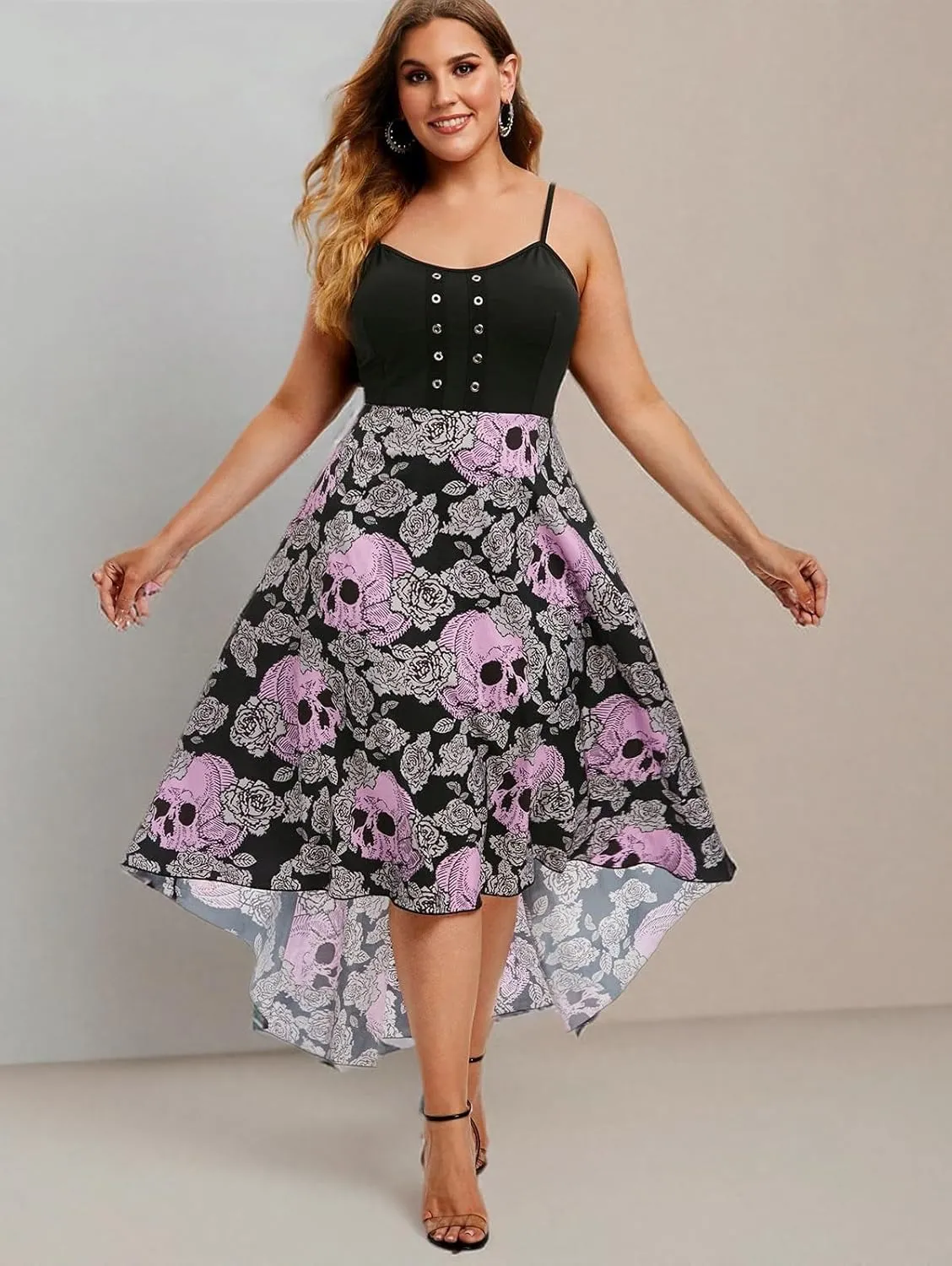 Rosegal Womens Plus Size Gothic Grommet High Low Floral Skull Dress A Line Halloween Rockabilly Cami Dress