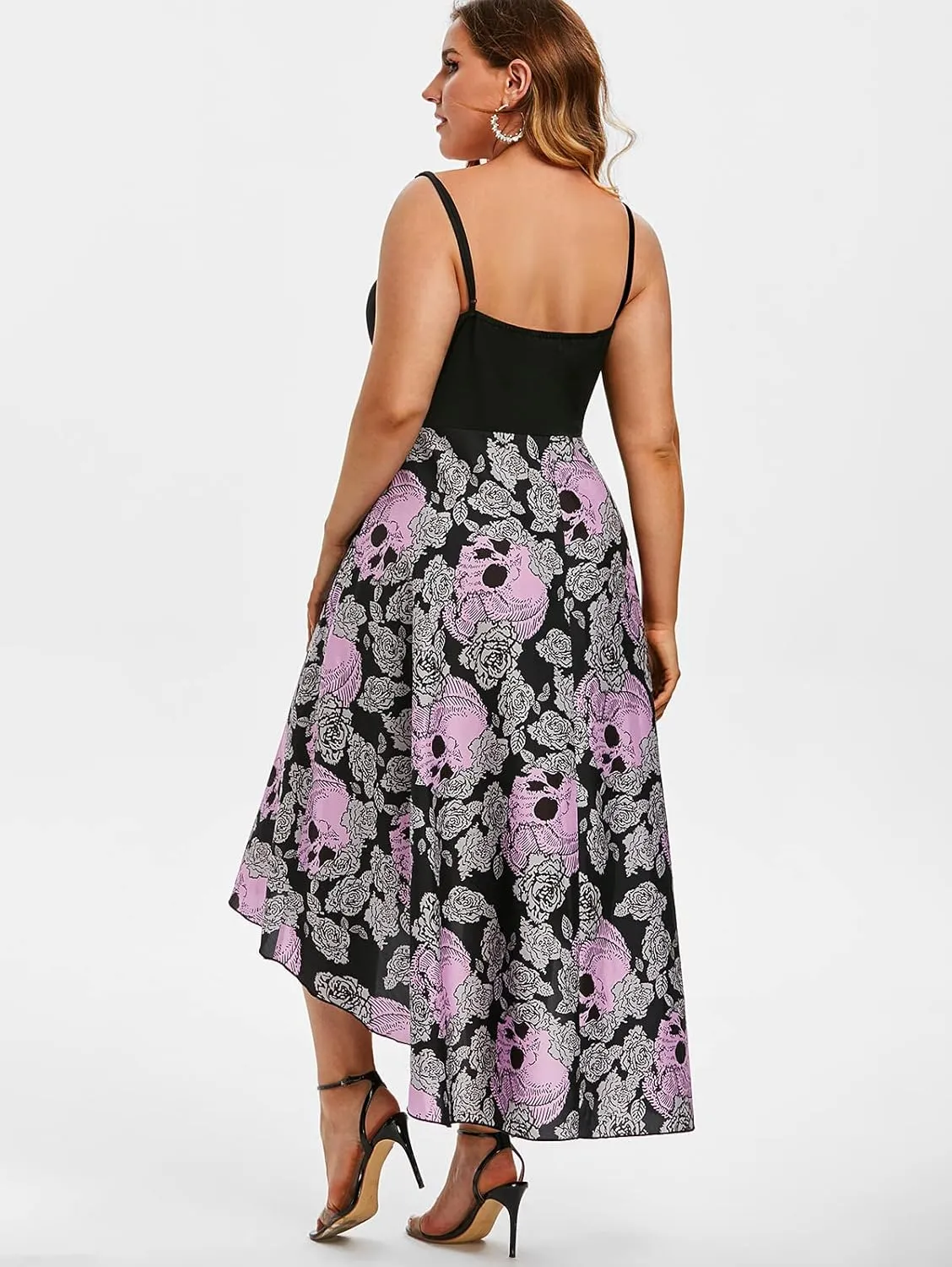 Rosegal Womens Plus Size Gothic Grommet High Low Floral Skull Dress A Line Halloween Rockabilly Cami Dress