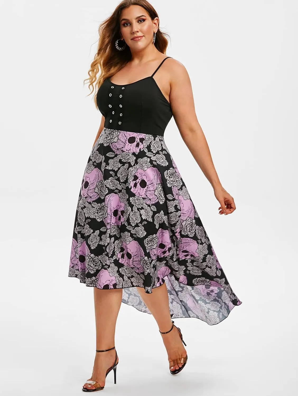 Rosegal Womens Plus Size Gothic Grommet High Low Floral Skull Dress A Line Halloween Rockabilly Cami Dress