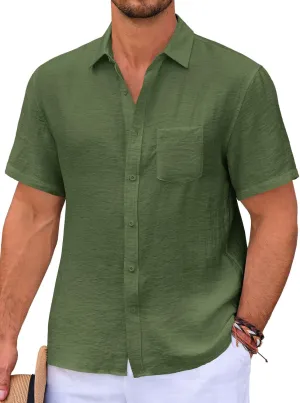 Runcati Mens Casual Shirts Button Down Short Sleeve Lightweight Linen Shirt Summer Beach Tops with Pocket