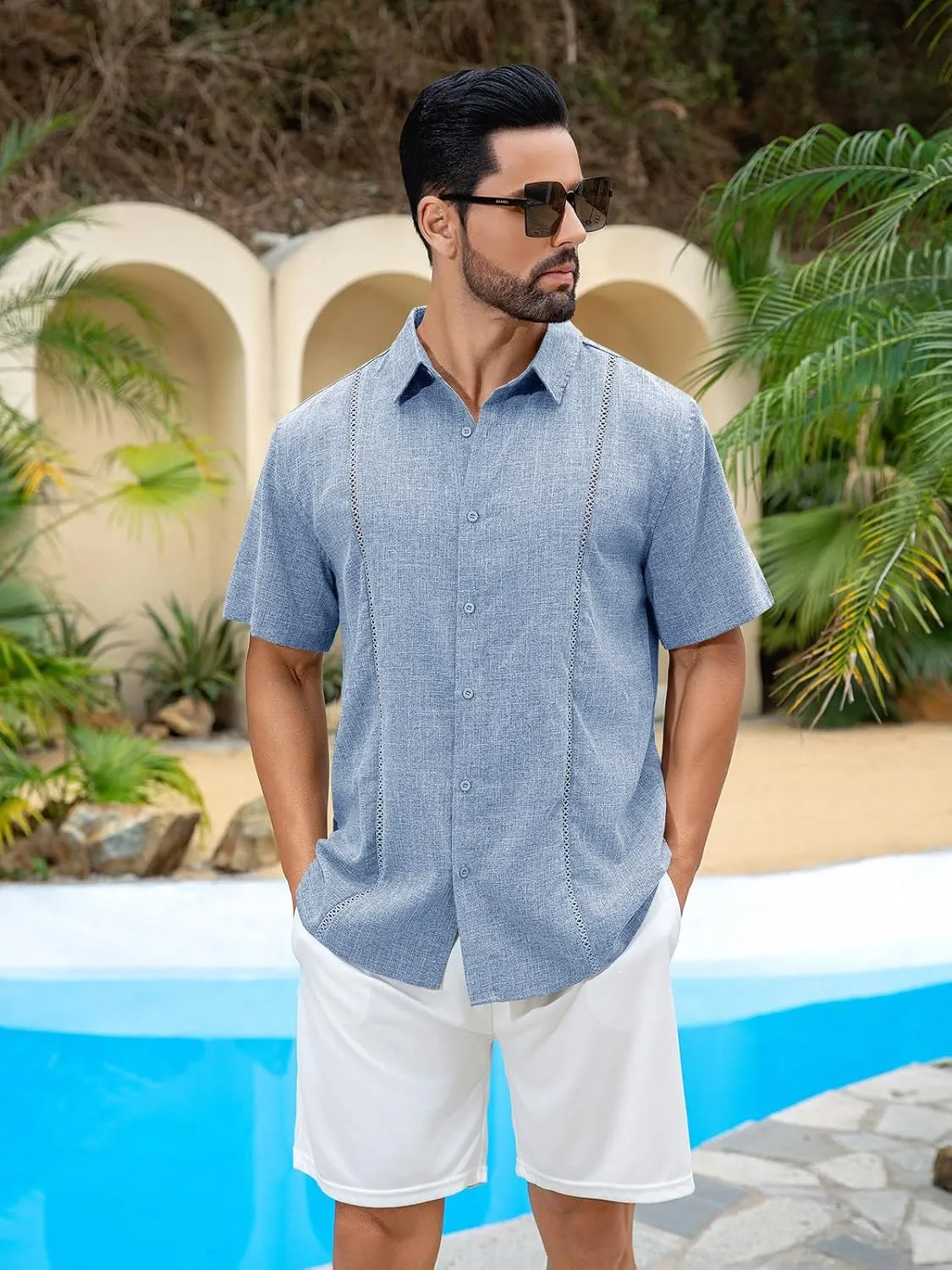Runcati Mens Short Sleeve Guayabera Shirts Cuban Button Down Casual Shirt Summer Vacation Wedding Embroidered Linen Tops