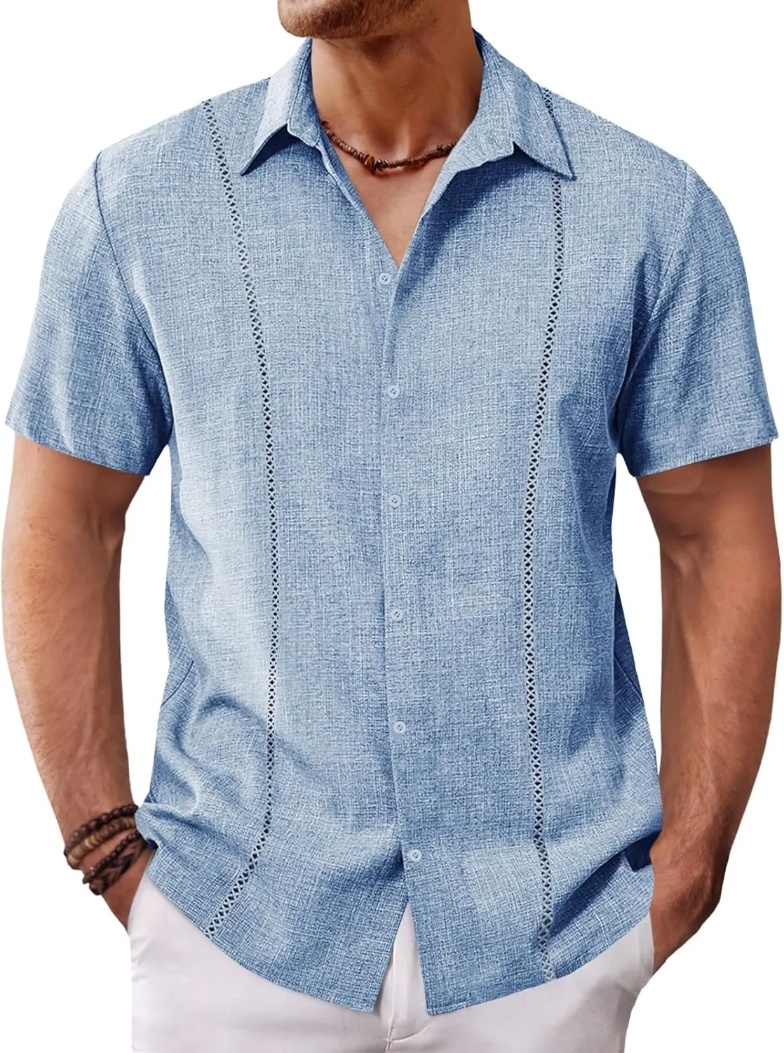 Runcati Mens Short Sleeve Guayabera Shirts Cuban Button Down Casual Shirt Summer Vacation Wedding Embroidered Linen Tops
