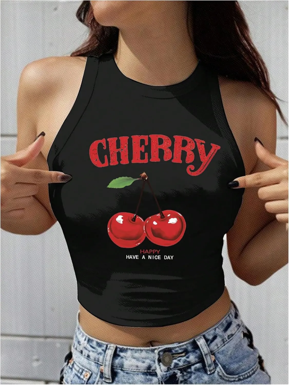 SHENHE Women's Y2k Cherry Tank Top Crew Neck Graphic Fitted Sleeveless Crop Tank Shirt
