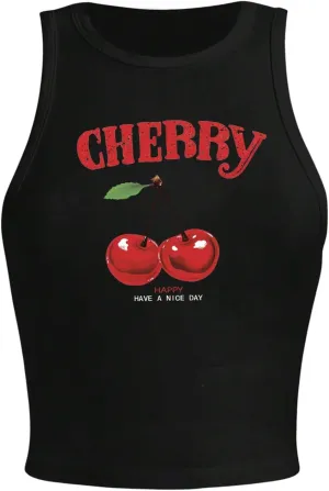 SHENHE Women's Y2k Cherry Tank Top Crew Neck Graphic Fitted Sleeveless Crop Tank Shirt