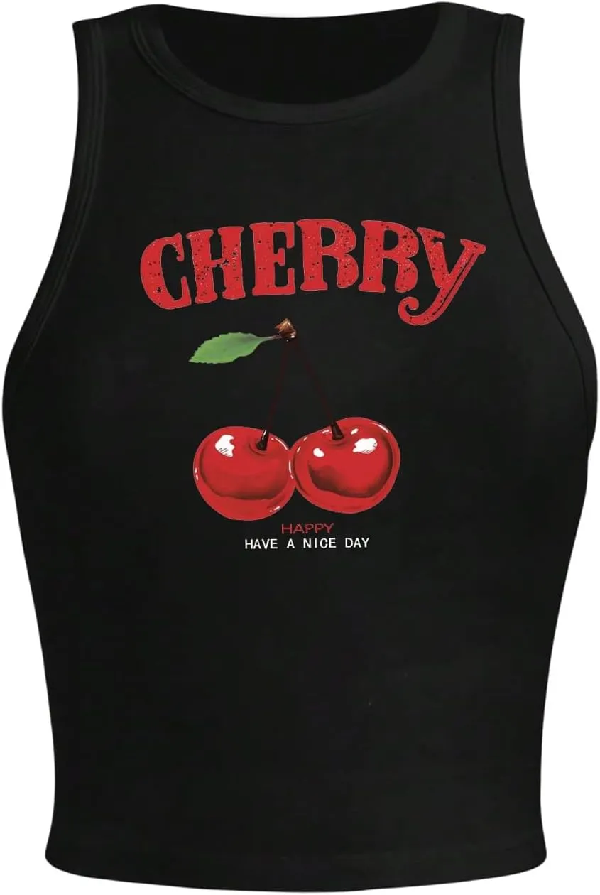 SHENHE Women's Y2k Cherry Tank Top Crew Neck Graphic Fitted Sleeveless Crop Tank Shirt
