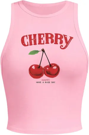 SHENHE Women's Y2k Cherry Tank Top Crew Neck Graphic Fitted Sleeveless Crop Tank Shirt