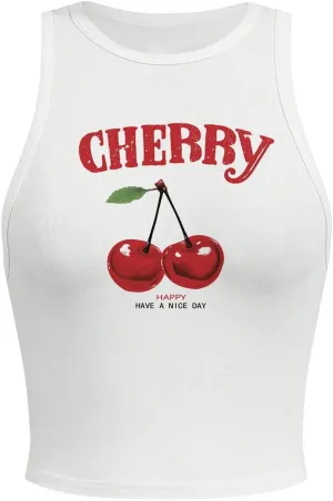 SHENHE Women's Y2k Cherry Tank Top Crew Neck Graphic Fitted Sleeveless Crop Tank Shirt
