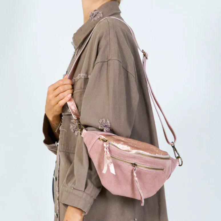 Shimmering suede and leather fanny packs wholesale