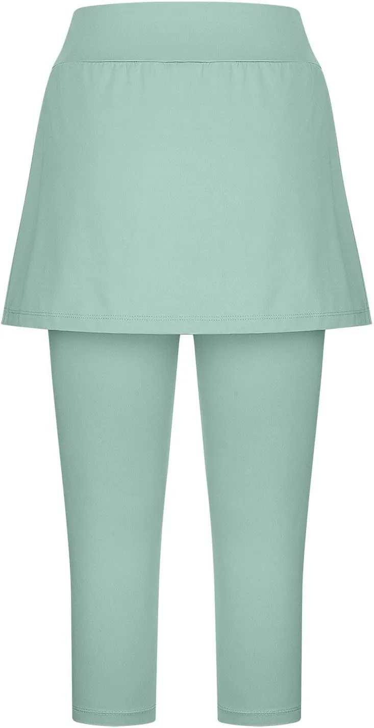 Skirted Leggings for Women 2025 Summer Tennis Golf Skorts Capris Gym Yoga Legging with Skirts