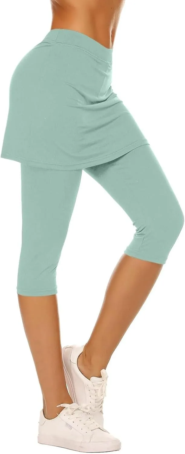 Skirted Leggings for Women 2025 Summer Tennis Golf Skorts Capris Gym Yoga Legging with Skirts