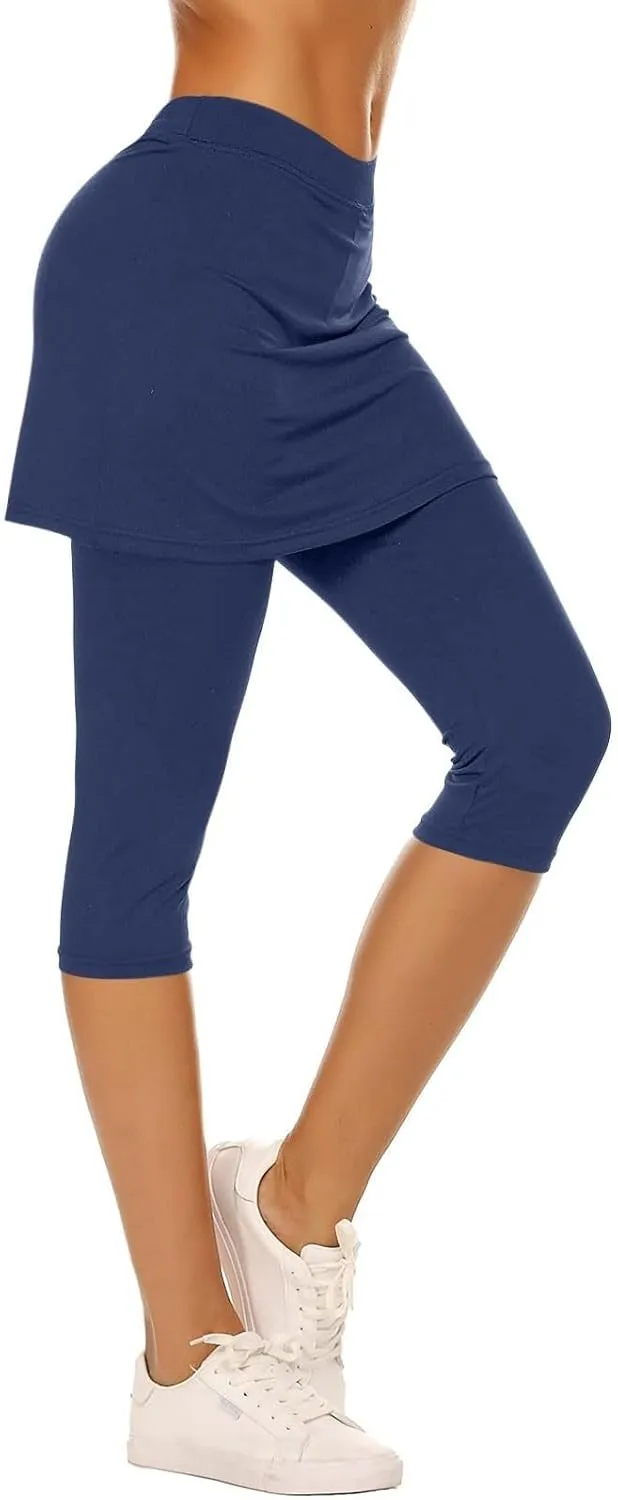 Skirted Leggings for Women 2025 Summer Tennis Golf Skorts Capris Gym Yoga Legging with Skirts