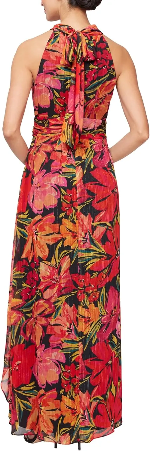 S.L. Fashions Women's Sleeveless Tulip Cutaway Ruffle Front Skirt Maxi Dress with Halter Neck