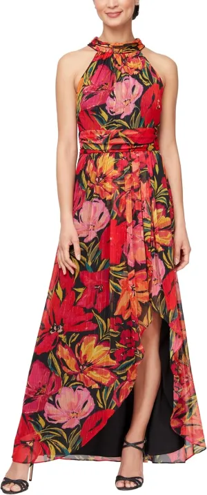 S.L. Fashions Women's Sleeveless Tulip Cutaway Ruffle Front Skirt Maxi Dress with Halter Neck