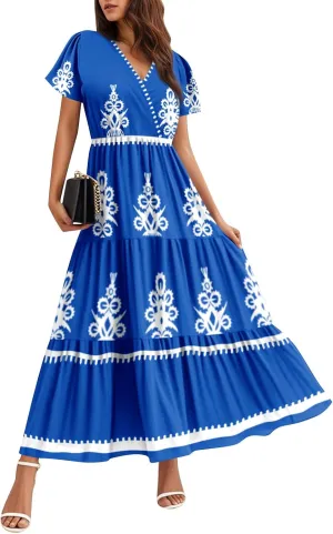 Summer Dresses for Women Crewneck Short Sleeve A Line Casual Floral Dresses Chiffon Tie Waist Pleated Midi Dress