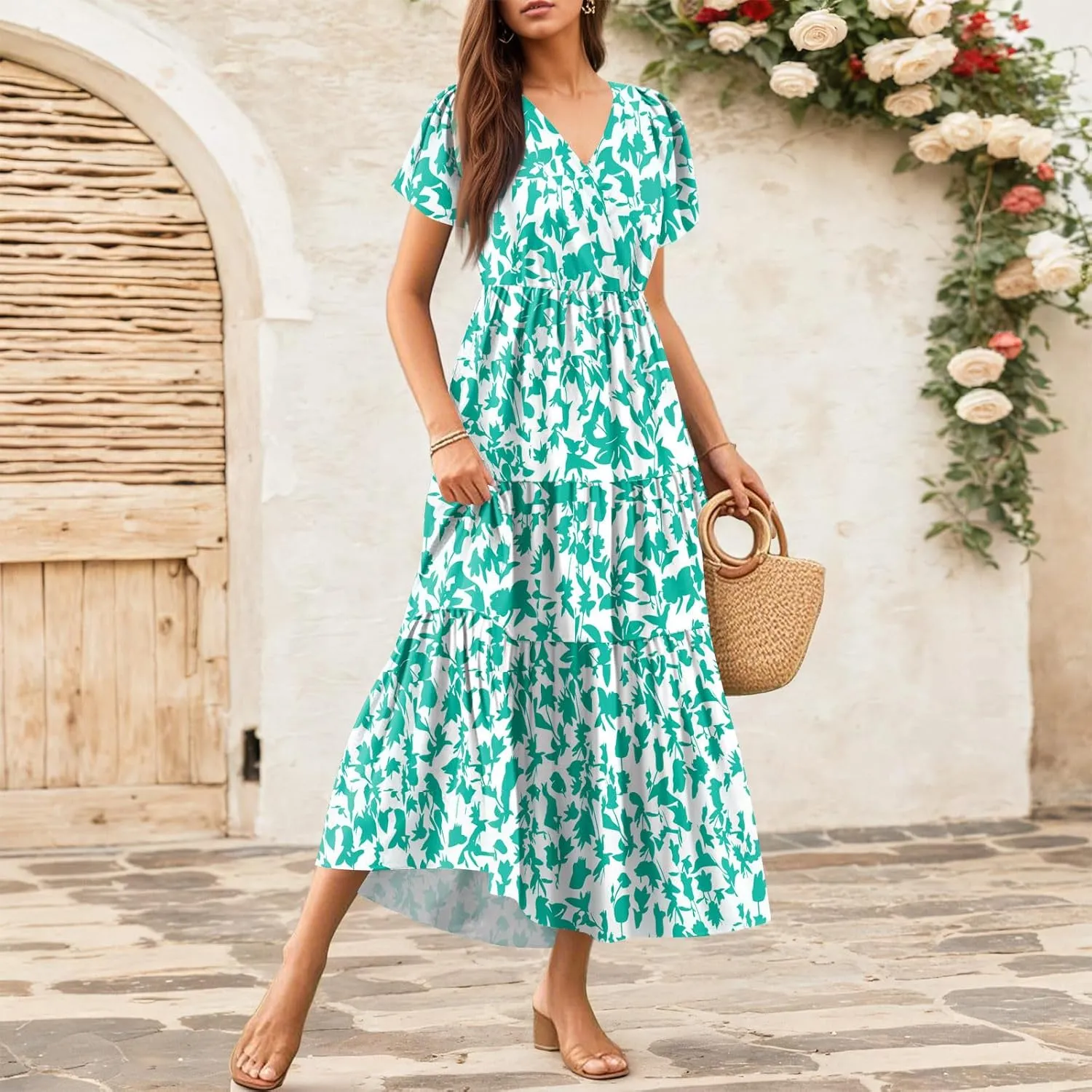 Summer Dresses for Women Crewneck Short Sleeve A Line Casual Floral Dresses Chiffon Tie Waist Pleated Midi Dress