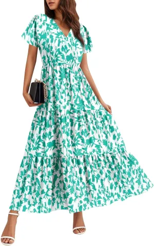Summer Dresses for Women Crewneck Short Sleeve A Line Casual Floral Dresses Chiffon Tie Waist Pleated Midi Dress
