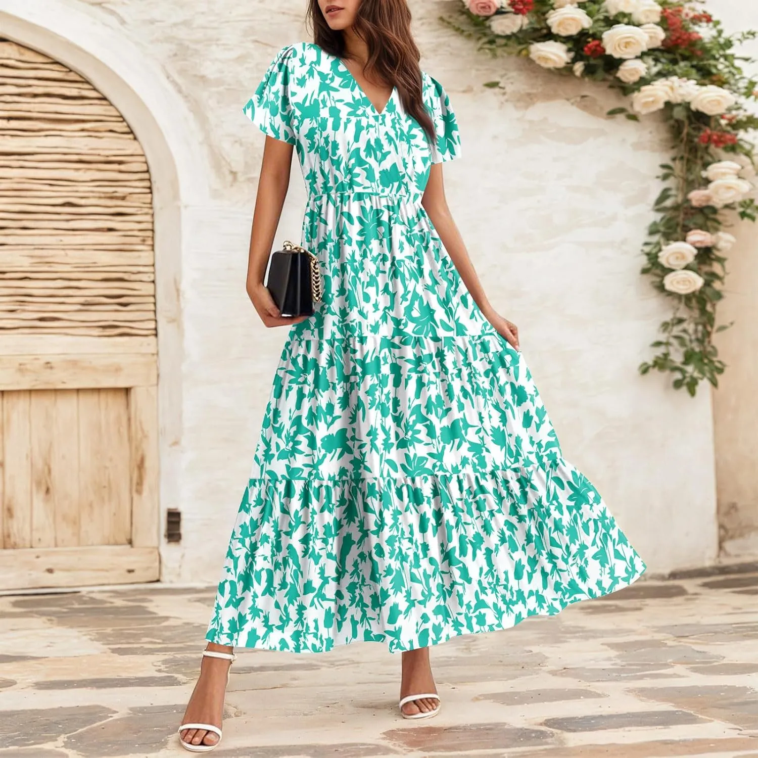 Summer Dresses for Women Crewneck Short Sleeve A Line Casual Floral Dresses Chiffon Tie Waist Pleated Midi Dress