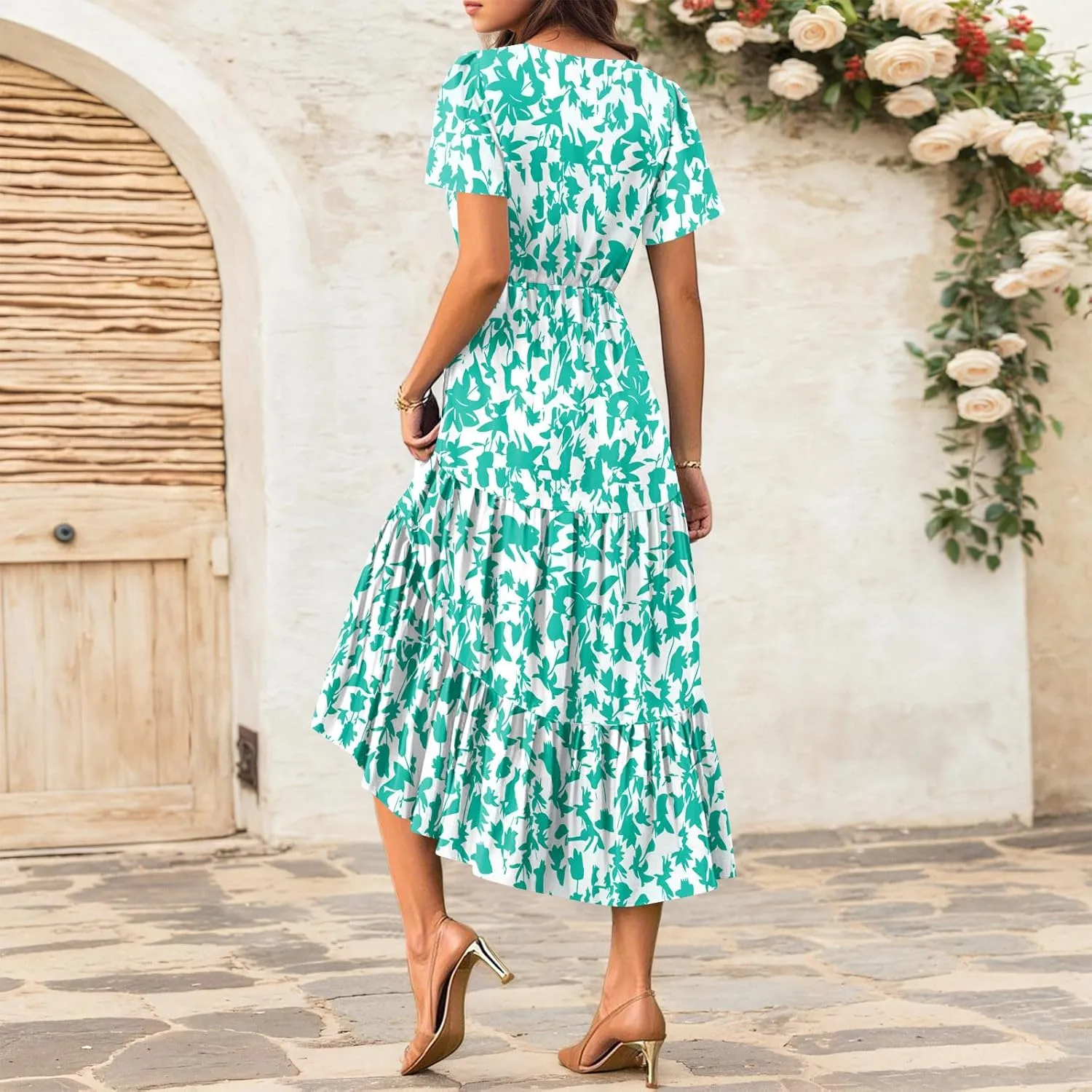 Summer Dresses for Women Crewneck Short Sleeve A Line Casual Floral Dresses Chiffon Tie Waist Pleated Midi Dress