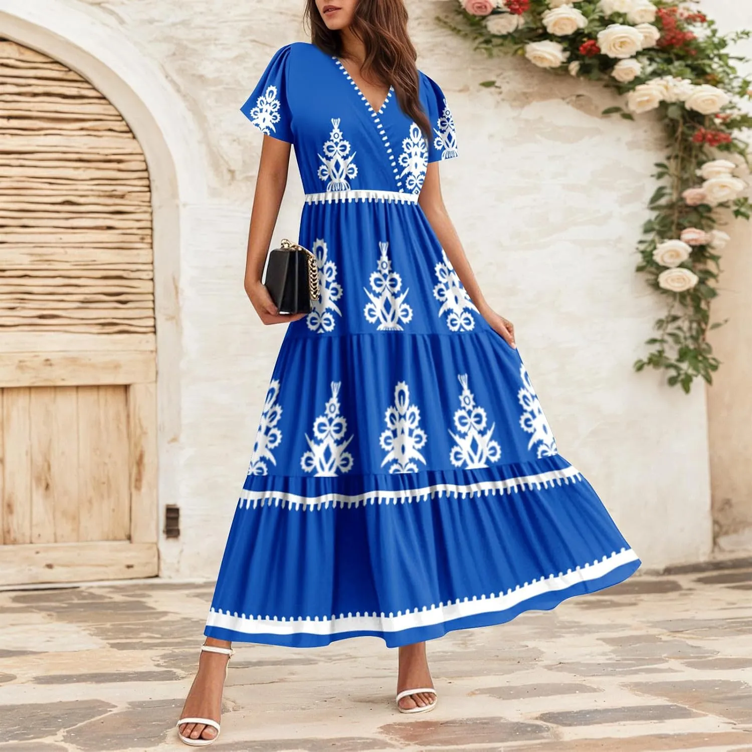 Summer Dresses for Women Crewneck Short Sleeve A Line Casual Floral Dresses Chiffon Tie Waist Pleated Midi Dress