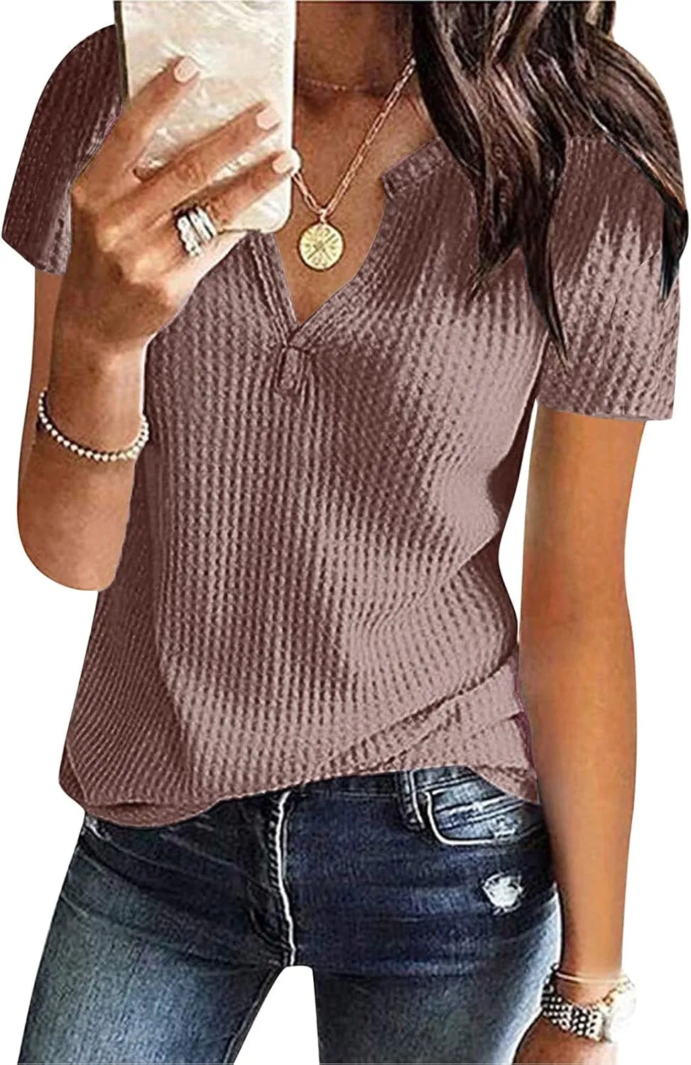Summer Tops for Women Waffle Knit Short Sleeve Casual Shirts V Neck Plus Size Loose Fit 2025 Trendy Tunic Tshirt