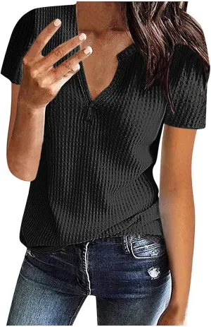 Summer Tops for Women Waffle Knit Short Sleeve Casual Shirts V Neck Plus Size Loose Fit 2025 Trendy Tunic Tshirt