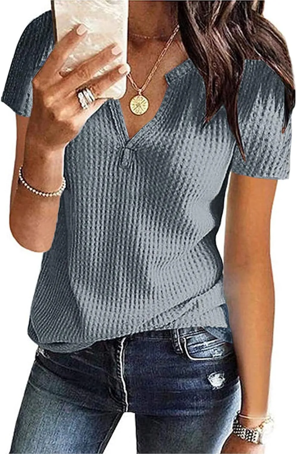 Summer Tops for Women Waffle Knit Short Sleeve Casual Shirts V Neck Plus Size Loose Fit 2025 Trendy Tunic Tshirt