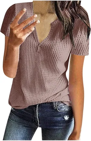 Summer Tops for Women Waffle Knit Short Sleeve Casual Shirts V Neck Plus Size Loose Fit 2025 Trendy Tunic Tshirt