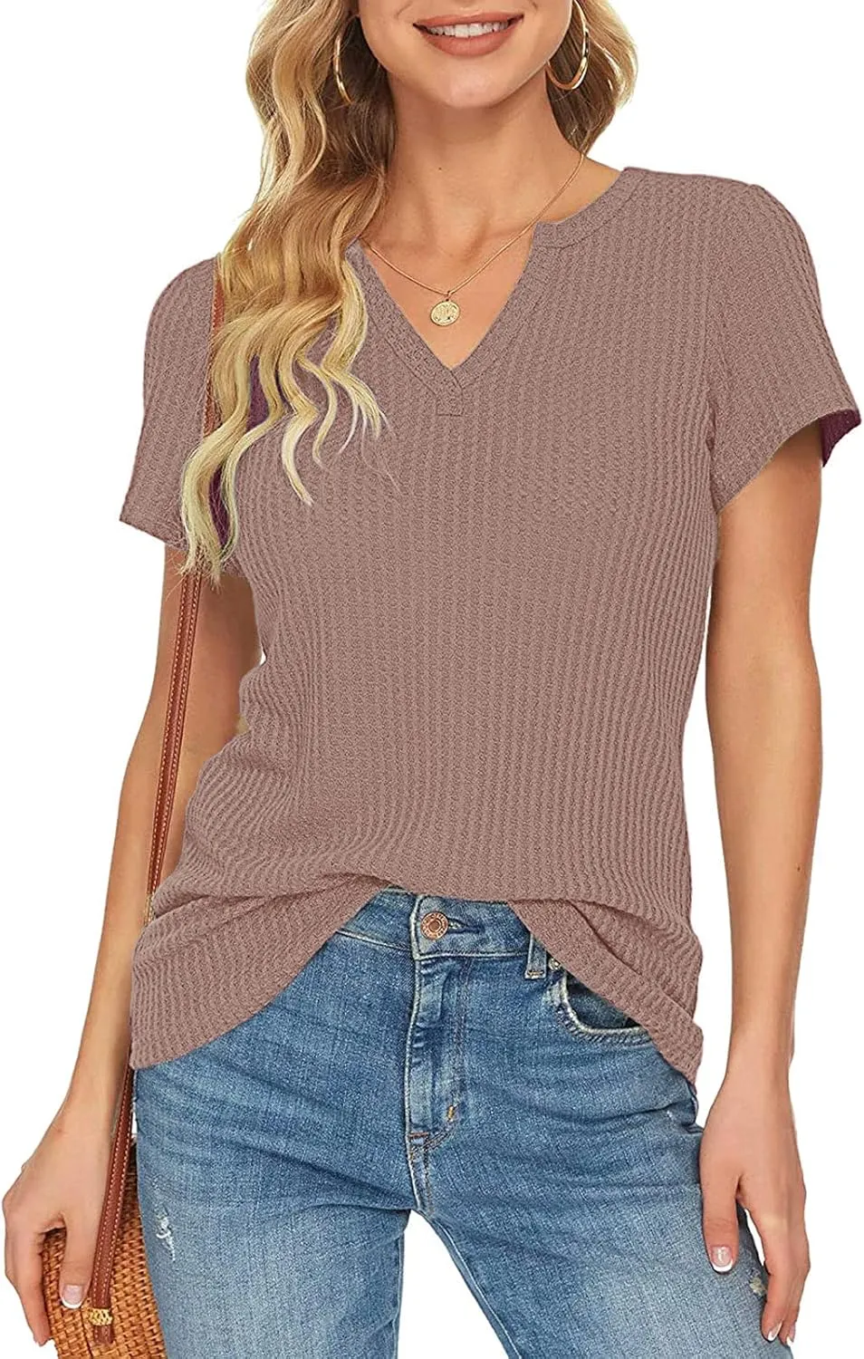 Summer Tops for Women Waffle Knit Short Sleeve Casual Shirts V Neck Plus Size Loose Fit 2025 Trendy Tunic Tshirt