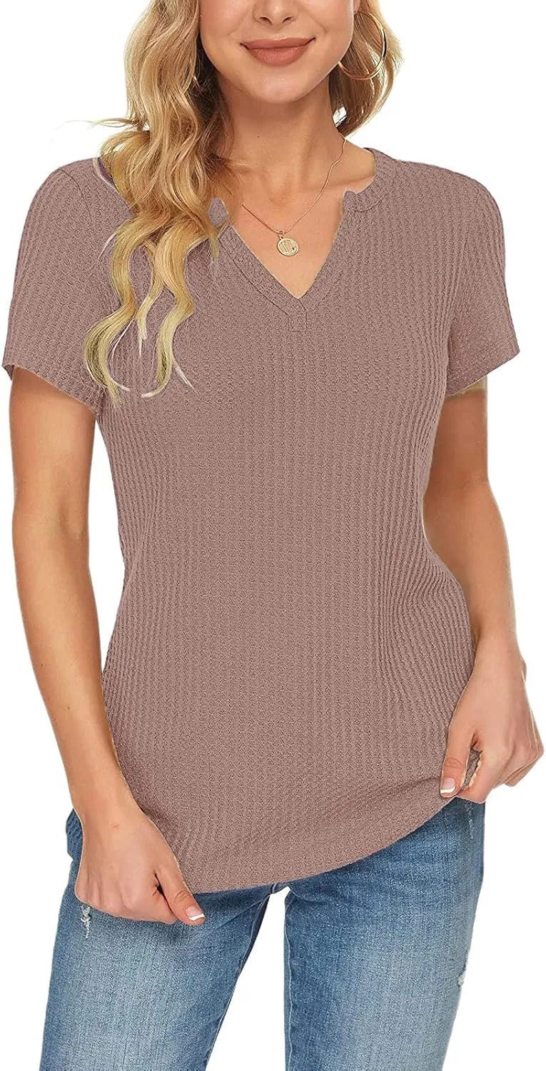 Summer Tops for Women Waffle Knit Short Sleeve Casual Shirts V Neck Plus Size Loose Fit 2025 Trendy Tunic Tshirt