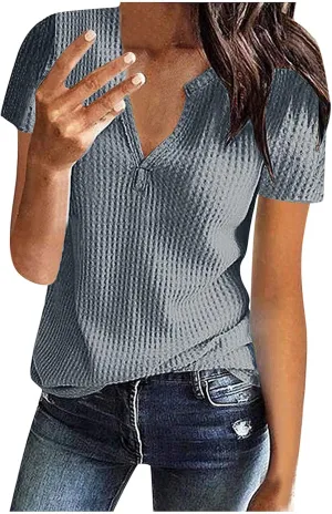 Summer Tops for Women Waffle Knit Short Sleeve Casual Shirts V Neck Plus Size Loose Fit 2025 Trendy Tunic Tshirt