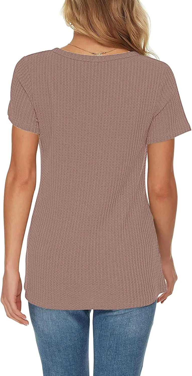 Summer Tops for Women Waffle Knit Short Sleeve Casual Shirts V Neck Plus Size Loose Fit 2025 Trendy Tunic Tshirt
