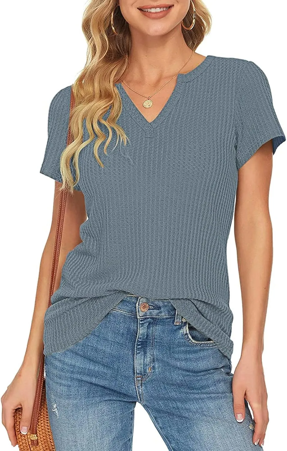 Summer Tops for Women Waffle Knit Short Sleeve Casual Shirts V Neck Plus Size Loose Fit 2025 Trendy Tunic Tshirt