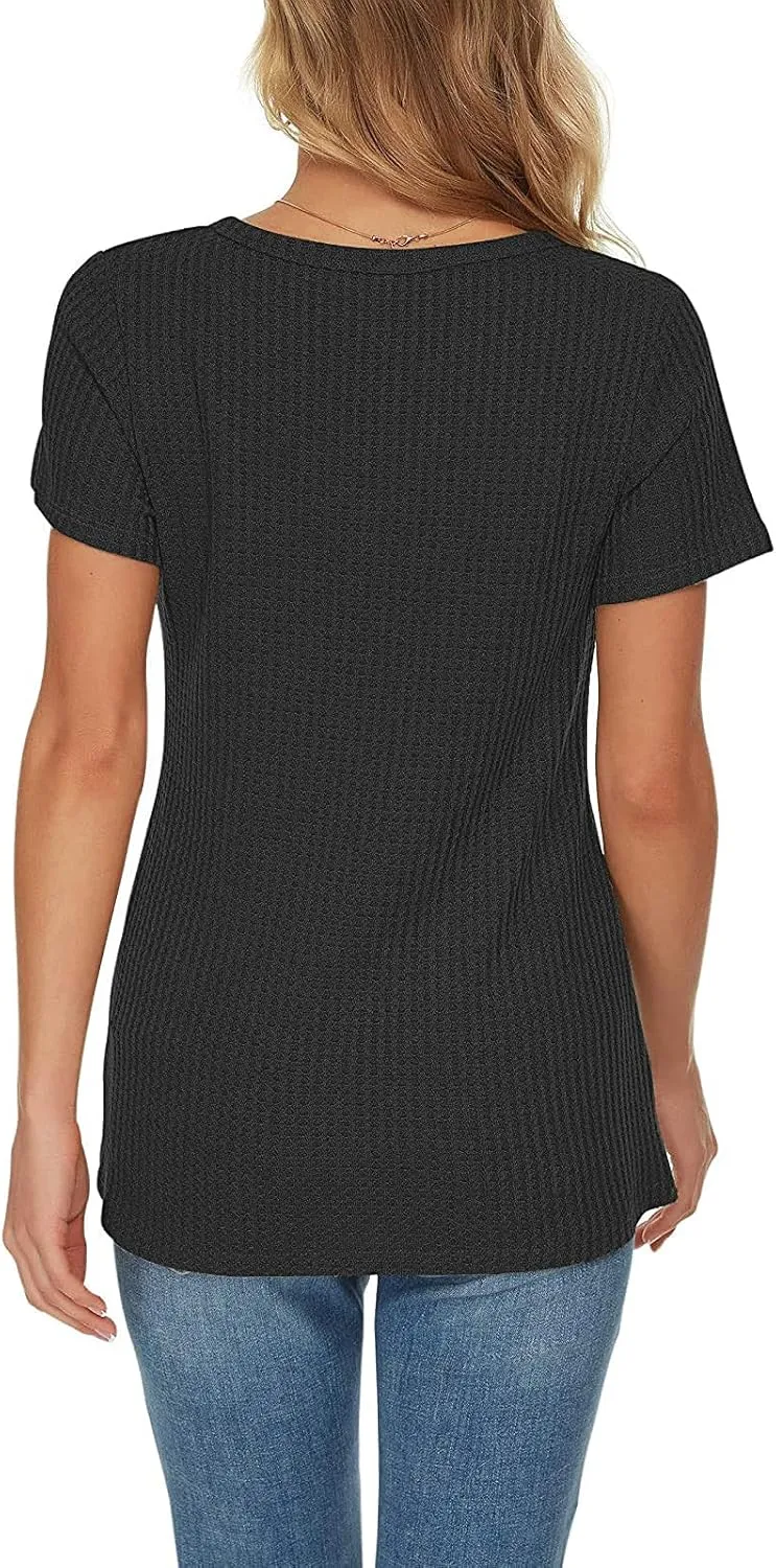Summer Tops for Women Waffle Knit Short Sleeve Casual Shirts V Neck Plus Size Loose Fit 2025 Trendy Tunic Tshirt