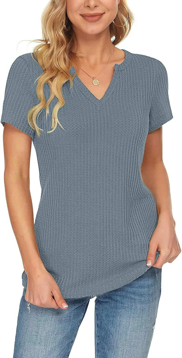 Summer Tops for Women Waffle Knit Short Sleeve Casual Shirts V Neck Plus Size Loose Fit 2025 Trendy Tunic Tshirt