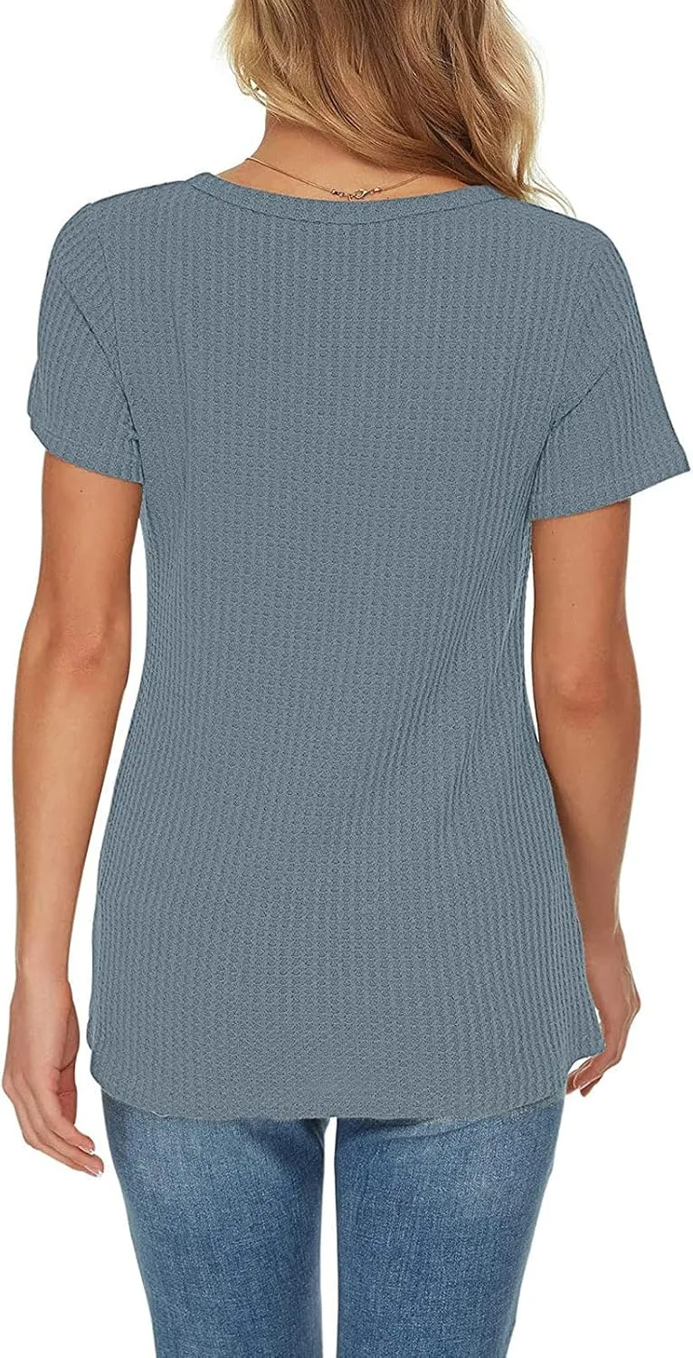 Summer Tops for Women Waffle Knit Short Sleeve Casual Shirts V Neck Plus Size Loose Fit 2025 Trendy Tunic Tshirt