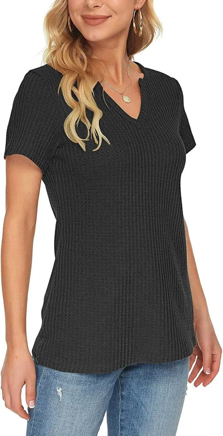 Summer Tops for Women Waffle Knit Short Sleeve Casual Shirts V Neck Plus Size Loose Fit 2025 Trendy Tunic Tshirt