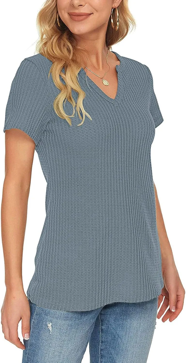 Summer Tops for Women Waffle Knit Short Sleeve Casual Shirts V Neck Plus Size Loose Fit 2025 Trendy Tunic Tshirt